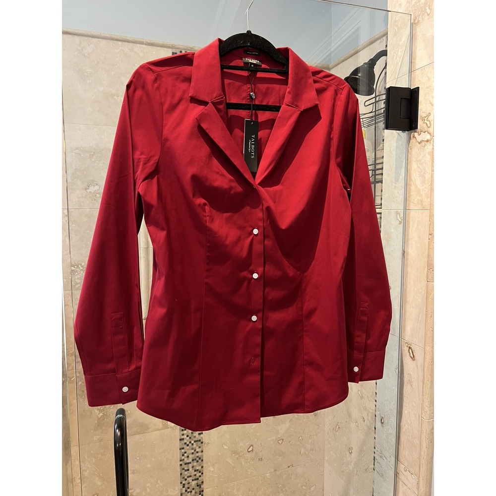 Talbots top L 10 button front red stretch wrinkle resistant Long sleeve New Nwt